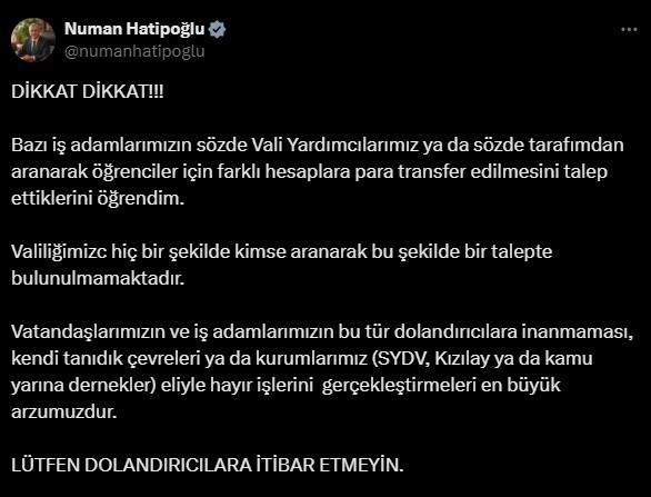 Elazığ Valisi Numan Hatipoğlu, vatandaşları dolandırıcık olaylarına karşı uyardı. Vali